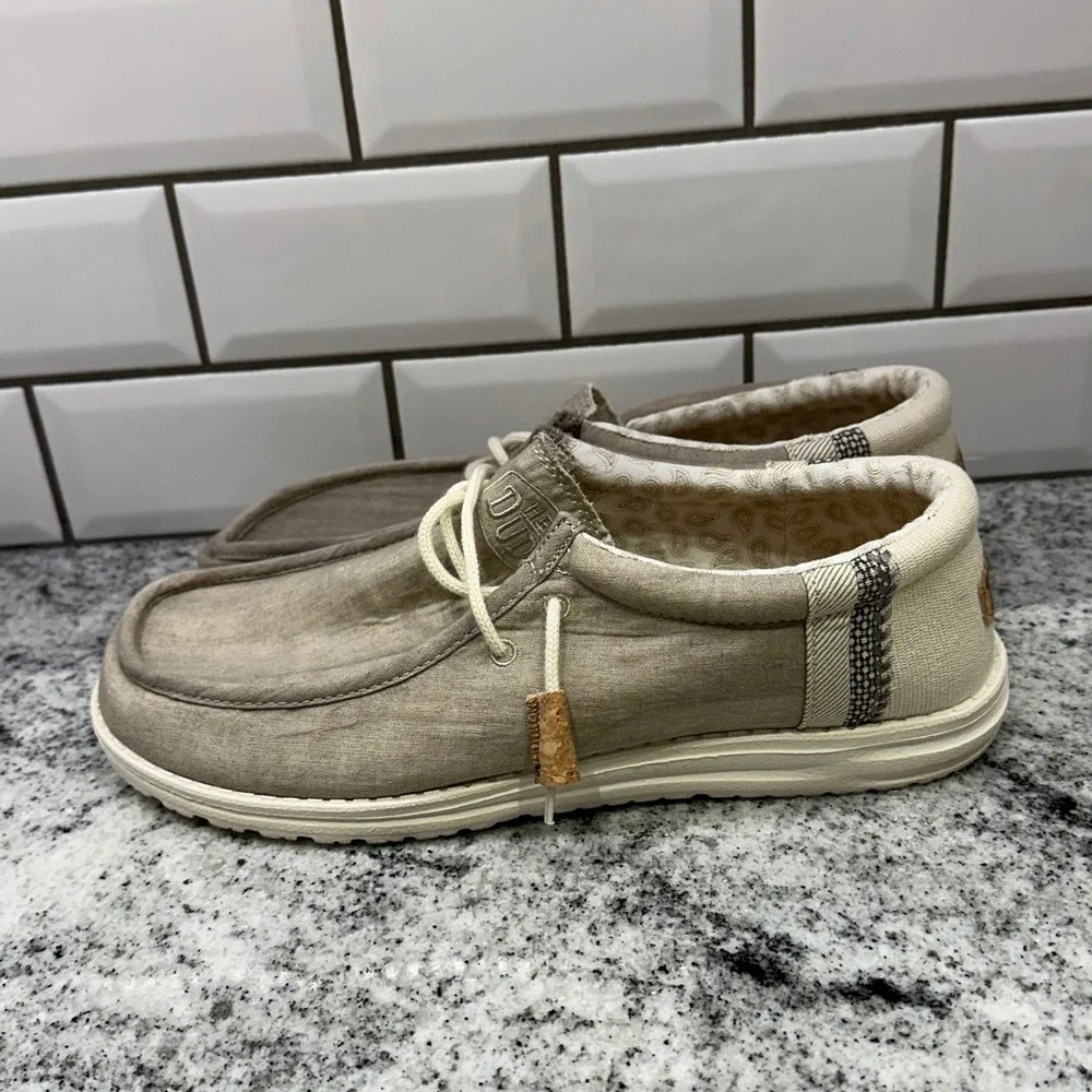 Hey Dude Mens 11 Wally Break Stitch Khaki Tan Slip On Loafer Casual Comfort Boho
